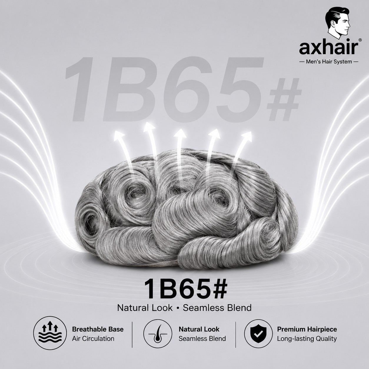 Men's toupee hairpiece, light gray wavy curls, #1B65 shade
